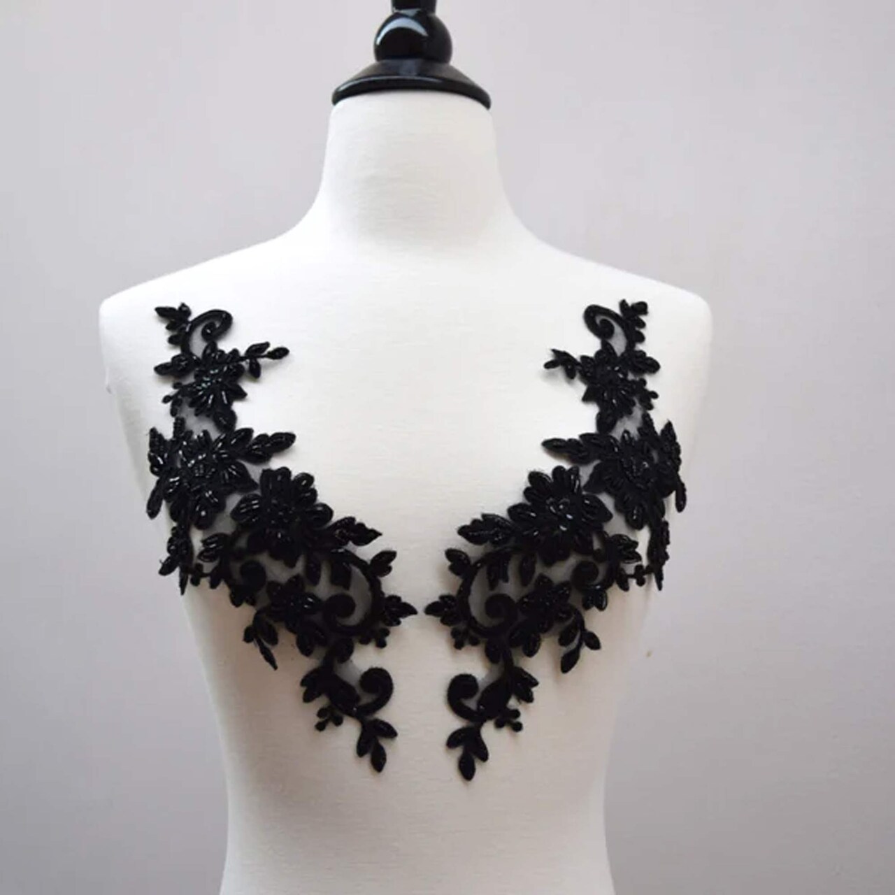 2 PieceS Black Beaded Mirrored Flower Applique for Dress Neckline Gown Dance Costume